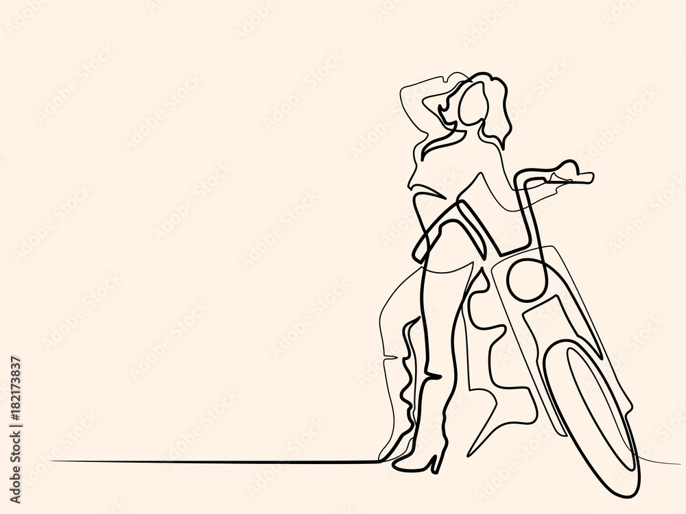 Continuous line wifferent wide drawing. Woman standing near motorbike. Vector color illustration