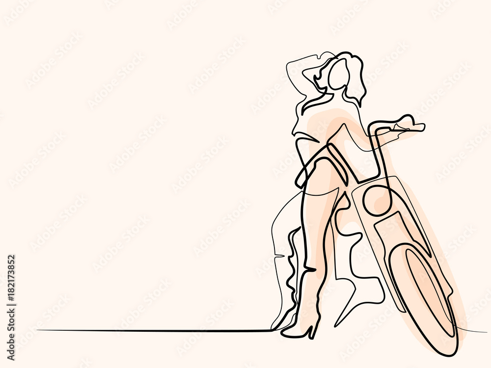 Continuous line wifferent wide drawing. Woman standing near motorbike. Vector color illustration