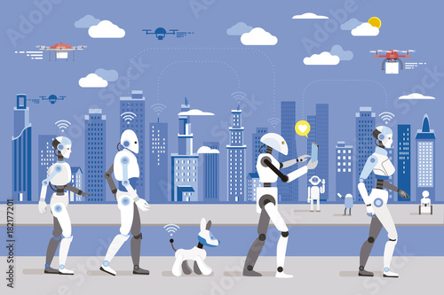 Robots Walking in a Futuristic City