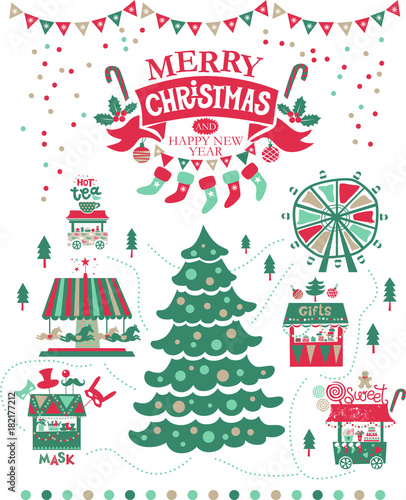 Lettering merry Christmas and a Happy New year on a red ribbon and festive decorations: garland, socks with presents, sweets, Christmas decorations. For the banners and Christmas printing