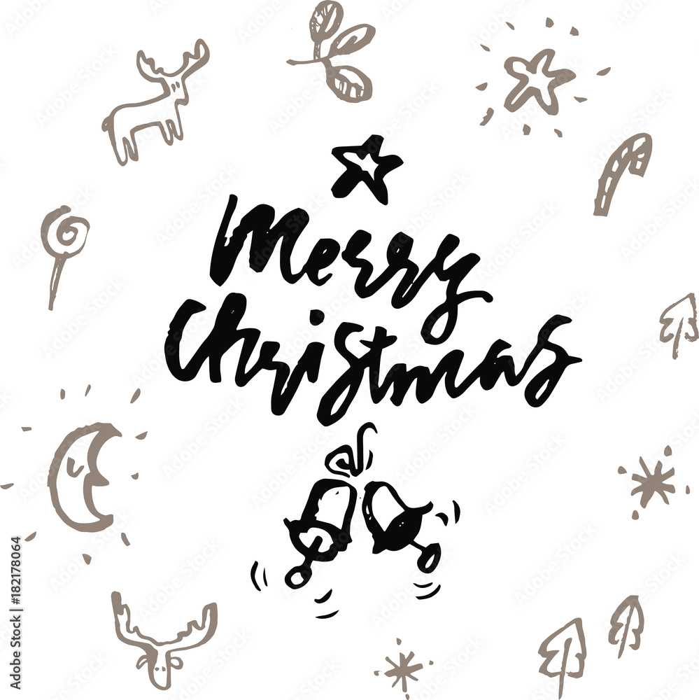 The inscription merry Christmas with calligraphic elements with Christmas symbols on a white background The inscription merry Christmas with calligraphic elements with Christmas symbols on a white background