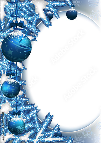 Blue Christmas Background with Baubles and Coniferous Branches - Festive Snow...