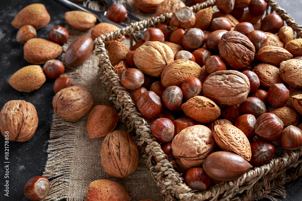 Mix of different kinds of nuts in shell Mix of different kinds of nuts in shell