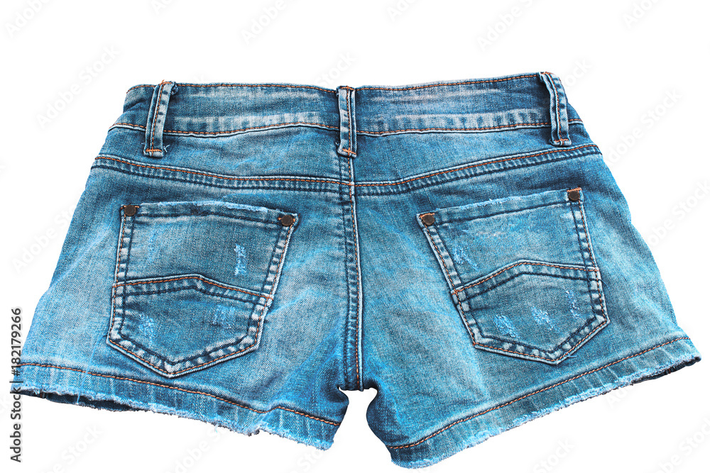 short jean pants for women isolated on white background. back view. short jean pants for women isolated on white background. back view.