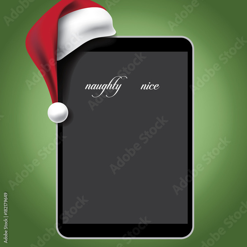 Santa Claus hat with personal tablet or notebook. Santa's naughty of nice list. EPS 10 vector illustration.
