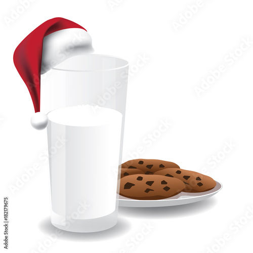 Santa Claus hat with milk and cookies for Chiristmas. EPS 10 vector illustration.