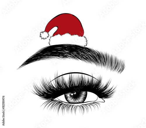 Hand-drawn woman's sexy luxurious eye with perfectly shaped eyebrows and full lashes. Idea for business visit card, typography vector.Perfect holiday sale\party salon look.