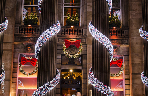Christmas Decorated Building with Columns