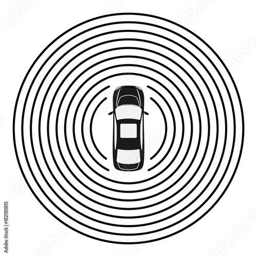 Autonomous car top view. Self driving vehicle with radar sensing system. Driverless automobile on road. Vector illustration.
