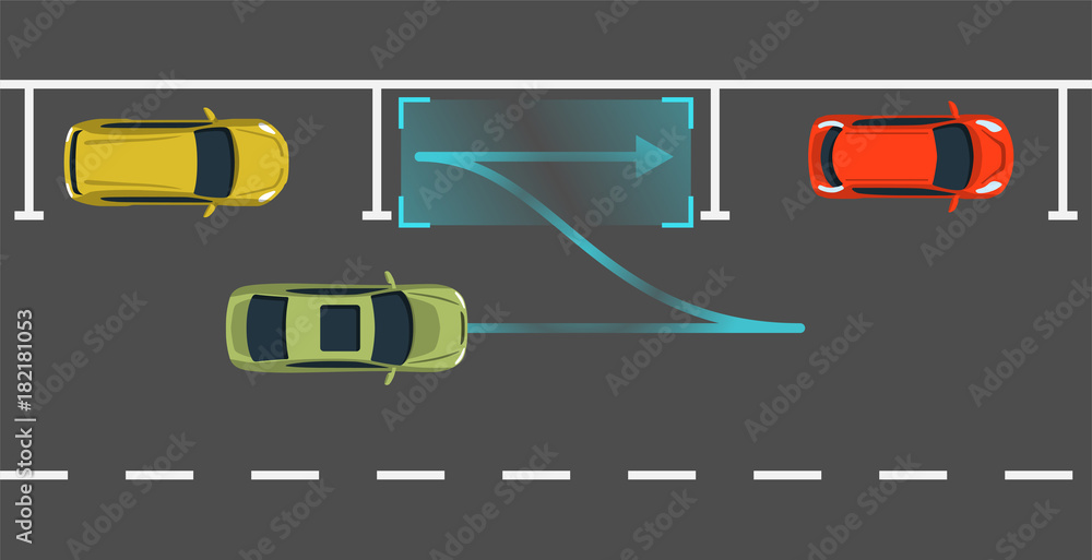 Autonomous car parking top view. Self driving vehicle with radar sensing system. Driverless automobile parking. Vector illustration.