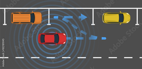 Autonomous car parking top view. Self driving vehicle with radar sensing system. Driverless automobile parking. Vector illustration.