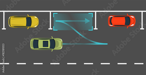 Autonomous car parking top view. Self driving vehicle with radar sensing system. Driverless automobile parking. Vector illustration.