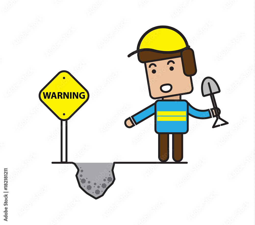 Worker with under construction sign , flat cartoon design Worker with under construction sign , flat cartoon design