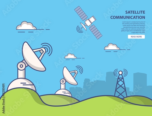 Communication parabolic satellite dish space receivers.Landscape Urban.The artificial satellite in an earth orbit the transmitting signal on the surface of the planet.Wireless technology cartoon flat.