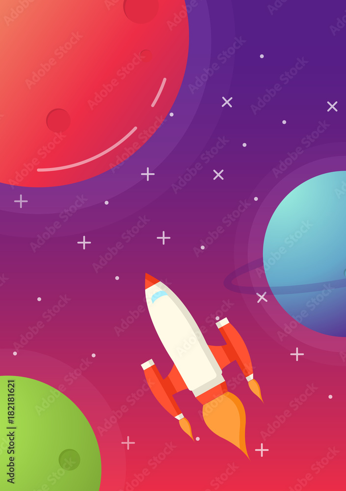 Space ship.Travel on rockets on alien planets. Flight by the spaceship. A poster fantastic with planets and stars. A vector in flat style.Scientific research of solar system. Space ship.Travel on rockets on alien planets. Flight by the spaceship. A poster fantastic with planets and stars. A vector in flat style.Scientific research of solar system.