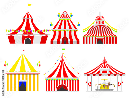 Circus show entertainment tent marquee outdoor festival with stripes and flags isolated carnival signs