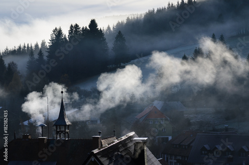 Smoke rising over a village in the Black Forest in the morning