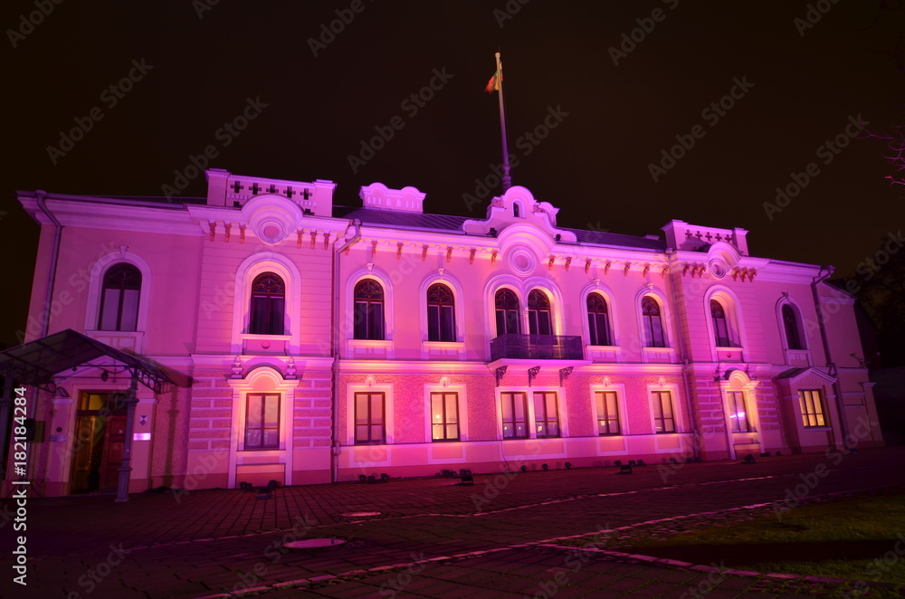 Naklejka premium Festive Lighting of Historical Presidential Building of the Republic of Lithuania in Kaunas