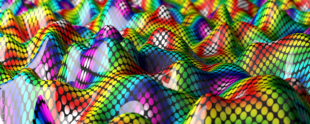 Ilustracion 3d multicolor.Superficie con ondas y curvas.Patrón abstracto de lineas y puntos