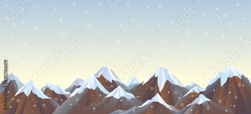 Mountain landscape, snow-capped mountains. Panoramic winter relief, peaks and mountain slopes. Applicable for design, Christmas Illustrations, game locations, wallpapers, greeting cards. Vector