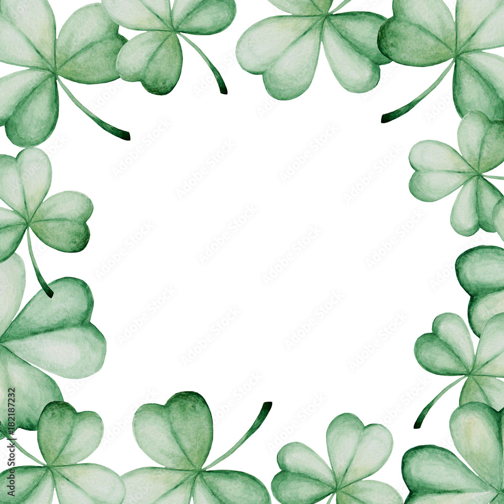 Watercolor Saint Patrick's Day frame. Clover ornament. For design, print or background