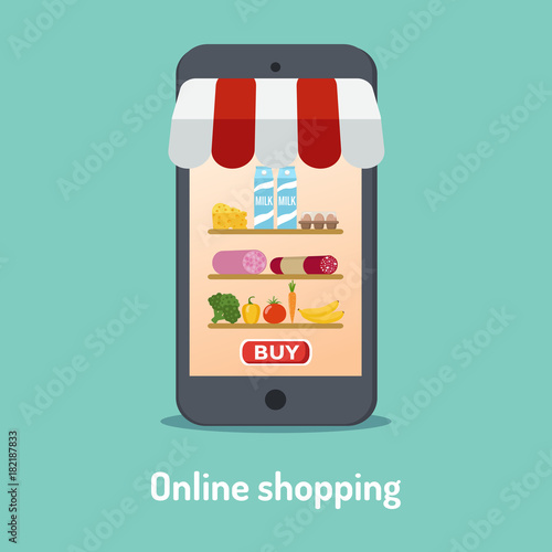 Grocery online shopping. Shopping basket full of groceries.