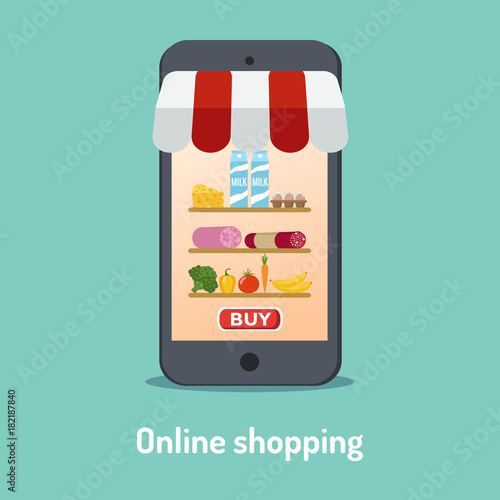 Grocery online shopping. Shopping basket full of groceries.
