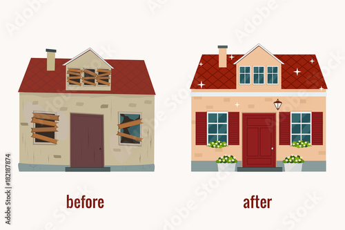 House before and after repair vector illustration. Flat design.