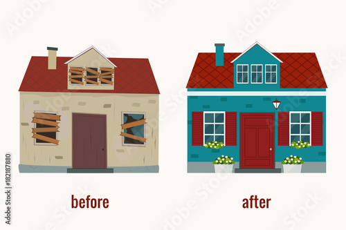 House before and after repair vector illustration. Flat design.
