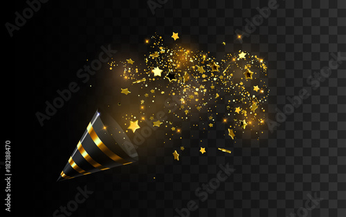 Golden party popper with exploding confetti glitters.