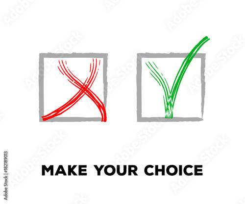 Tick and Cross Vector Collection Square Frames.  Grunge Graffiti Check, Quizz, Voting Symbol Design. Right and Wrong, Good and Bad Query Choice Buttons. Yes and No Tick and Cross Symbolic Marks.