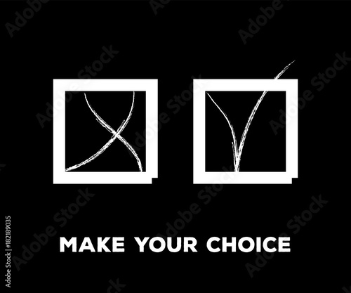 Tick and Cross Vector Collection Square Frames.  Grunge Graffiti Check, Quizz, Voting Symbol Design. Right and Wrong, Good and Bad Query Choice Buttons. Yes and No Tick and Cross Symbolic Marks.