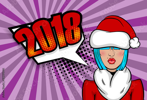 Cartoon dare sexy girl blue hair say 2018 New year. Woman pop art greeting New Year. Vintage popart poster. Wow face kitsch vector illustration. Speech bubble. Comics book text radial background.