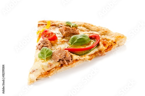 Piece of pizza with tuna on white background 