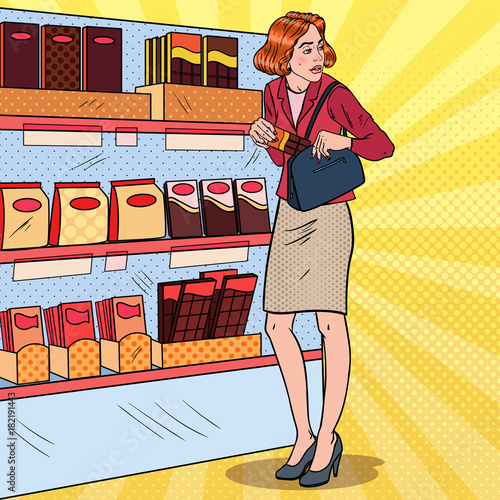 Pop Art Beautiful Woman Stealing Food in Supermarket. Shoplifting Kleptomania Concept. Vector illustration