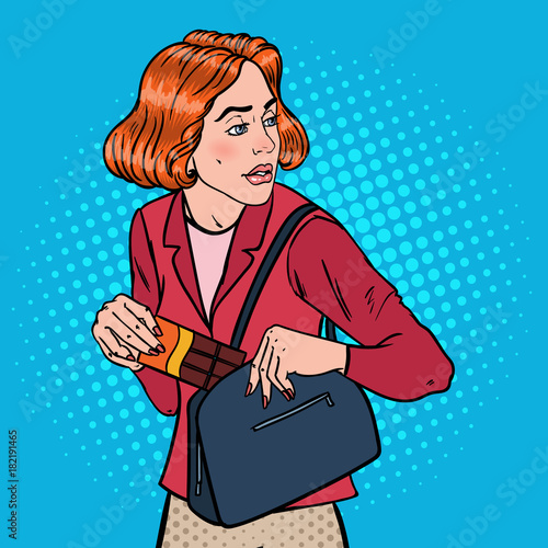 Pop Art Young Woman Stealing Food in Supermarket. Shoplifting Kleptomania Concept. Vector illustration
