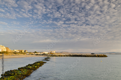 Sunrise on the beach in Pomorie resort in Bulgaria  Europe