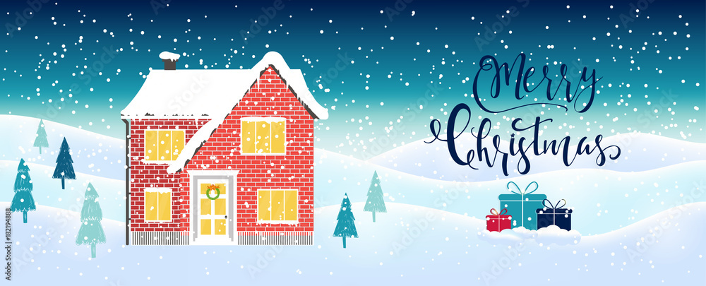 Light blue abstract Christmas background with winter house, lettering and white sparkling snowflakes