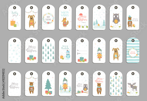 Set of 24 cute Christmas gift tags, cards with lettering Merry Christmas, animals, presets, tree and snowflakes.