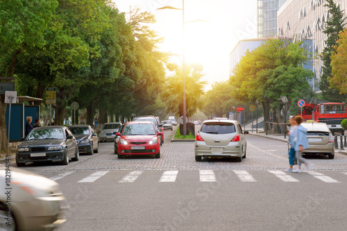 City life - road with a pedestrian crossing, cars and people.