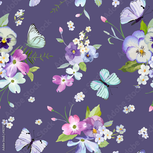 Seamless Pattern with Blooming Flowers and Flying Butterflies in Watercolor Style. Beauty in Nature. Background for Fabric, Textile, Print and Invitation. Vector illustration © wooster