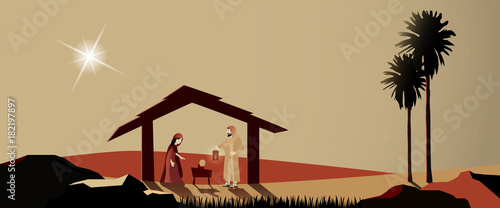 Christmas time. Nativity scene with Mary, Joseph and baby Jesus in Christmas landscape.