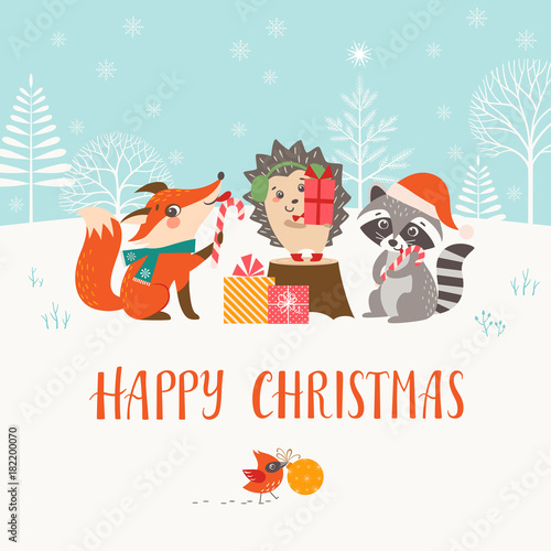 Christmas greeting card with cute woodland animals.