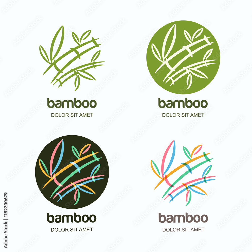 Fototapeta premium Vector set of logo icon or emblem with hand drawn multicolor creative bamboo plant. Concept for spa and beauty salon, asian massage, cosmetics package, furniture materials and other business.