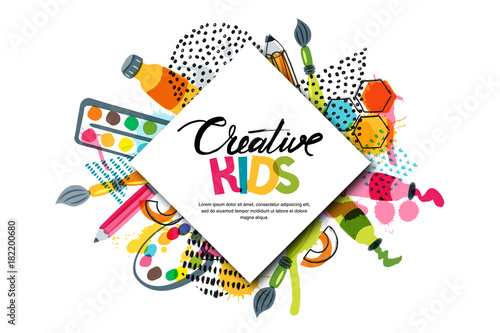 Kids art craft, education, creativity class concept. Vector horizontal banner or poster with white square paper background, hand drawn letters, pencil, brush, watercolor paints. Doodle illustration.
