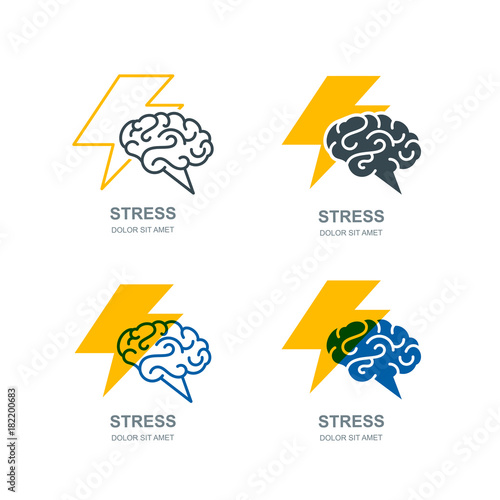 Vector set of human brain and lightning logo, sign, or emblem design. Stress, headache and nervous concept. Brainstorming and creativity isolated illustration.