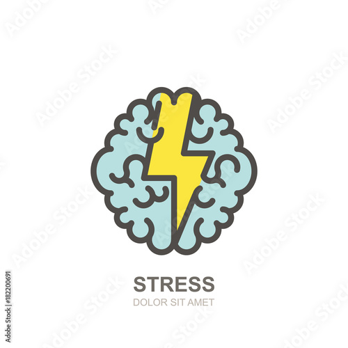 Vector human brain and lightning logo, sign, or emblem design. Brainstorming and creativity isolated illustration. Stress, headache and nervous concept.