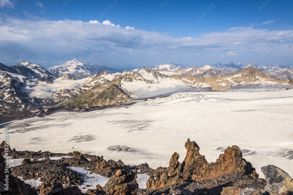 Caucasus Mountain Range. Rocks and glaciers in Elbrus