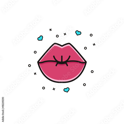 Kissing lips - flat color line icon, patch or sticker on isolated background. Woman blowing kiss - concept for Valentine's Day, Women's Day, wedding or dating projects.