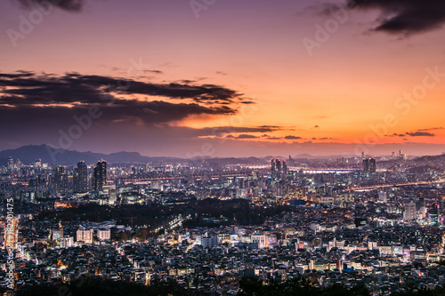 Photography Beautiful city in night, cityscape of Seoul, South Korea, modern building and ar